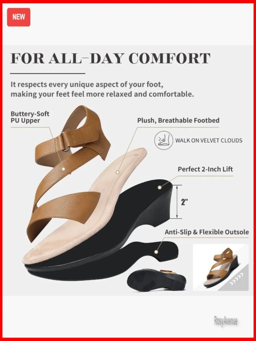 Leather Wedge Sandals with Arch Support Adjustable Strap Platform Heels